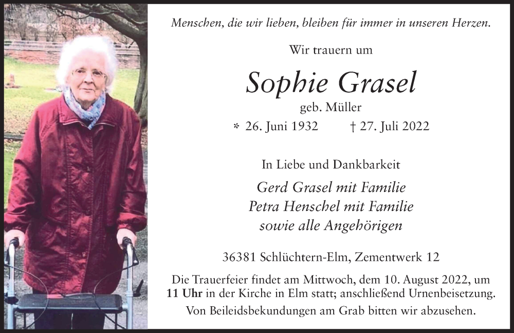 Traueranzeige für Sophie Grasel vom 06.08.2022 aus FZ