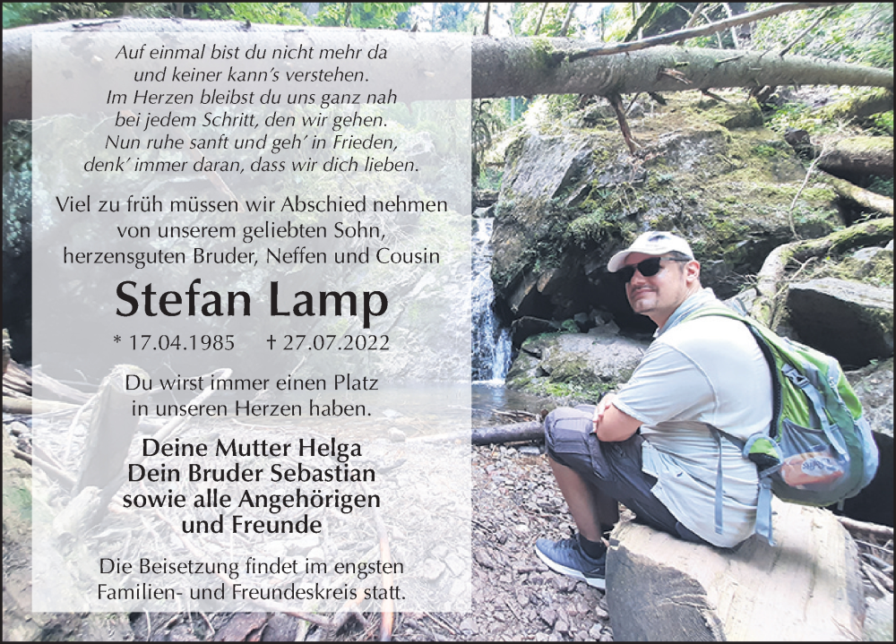  Traueranzeige für Stefan Lamp vom 06.08.2022 aus FZ