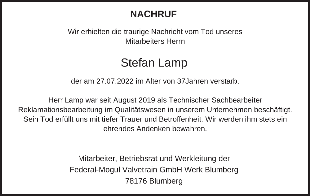  Traueranzeige für Stefan Lamp vom 06.08.2022 aus FZ