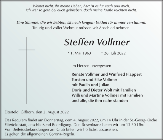 Traueranzeige von Steffen Vollmer von FZ