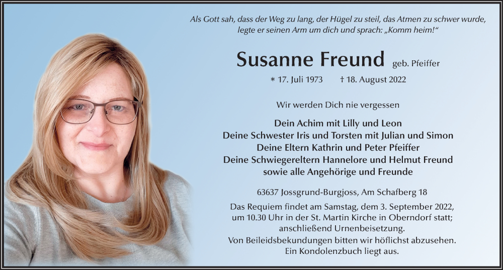  Traueranzeige für Susanne Freund vom 27.08.2022 aus FZ