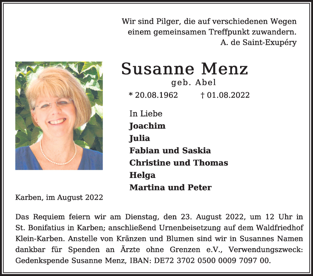  Traueranzeige für Susanne Menz vom 11.08.2022 aus FZ
