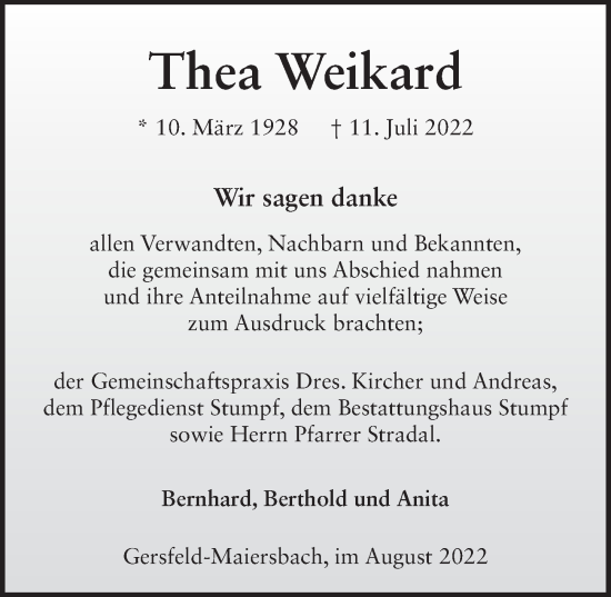 Traueranzeige von Thea Weikard von FZ