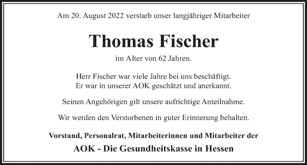  Traueranzeige für Thomas Fischer vom 31.08.2022 aus FZ