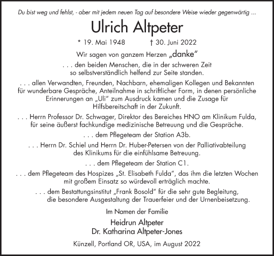 Traueranzeige von Ulrich Altpeter von FZ