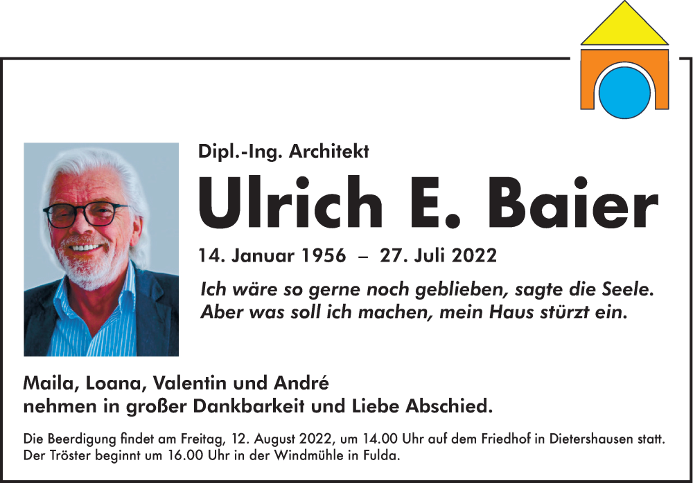  Traueranzeige für Ulrich E. Baier vom 06.08.2022 aus FZ