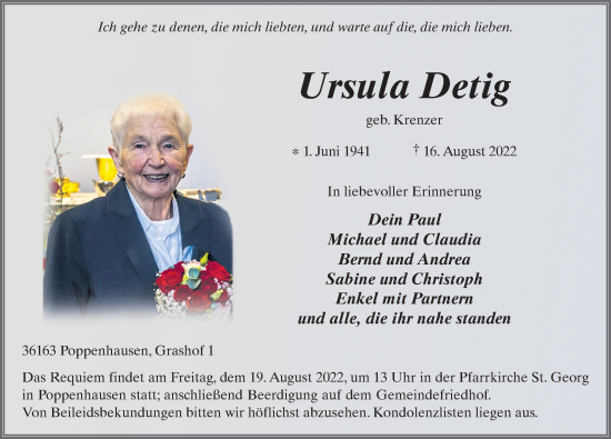 Traueranzeige von Ursula Detig von FZ
