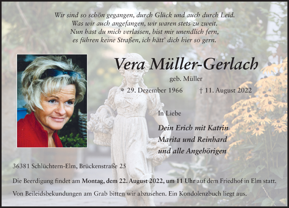  Traueranzeige für Vera Müller-Gerlach vom 18.08.2022 aus FZ