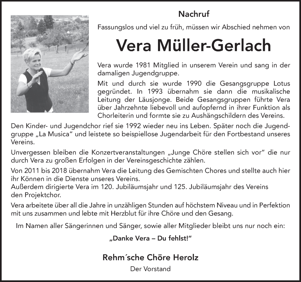  Traueranzeige für Vera Müller-Gerlach vom 18.08.2022 aus FZ