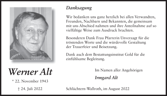 Traueranzeige von Werner Alt von FZ