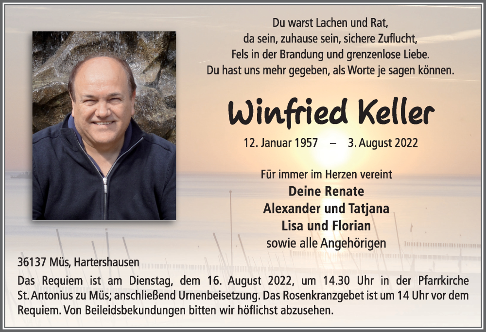  Traueranzeige für Winfried Keller vom 12.08.2022 aus FZ