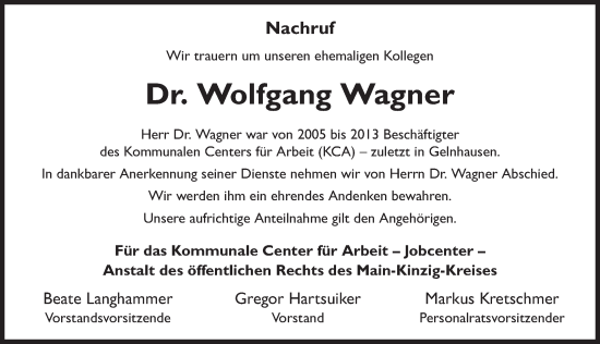 Traueranzeige von Wolfgang Wagner von FZ