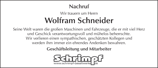 Traueranzeige von Wolfram Schneider von FZ