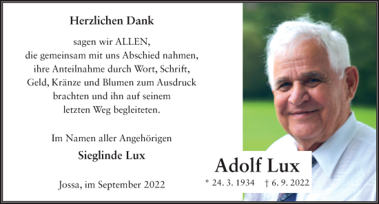 Traueranzeige von Adolf Lux von FZ