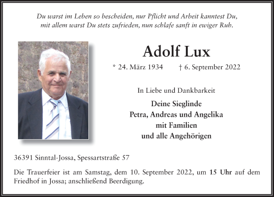 Traueranzeige von Adolf Lux von FZ