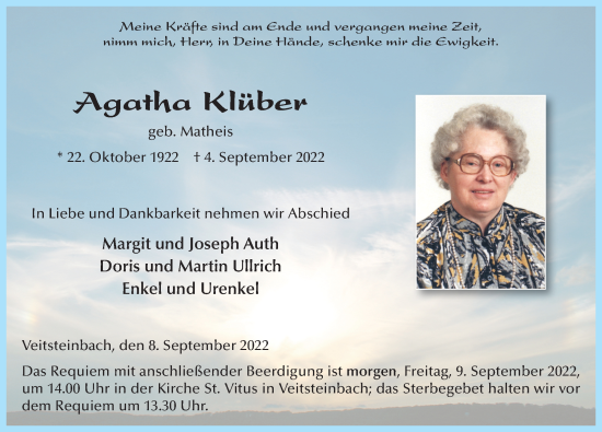 Traueranzeige von Agatha Klüber von FZ