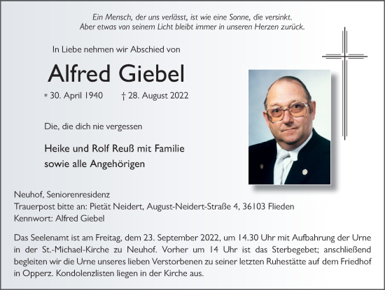 Traueranzeige von Alfred Giebel von FZ