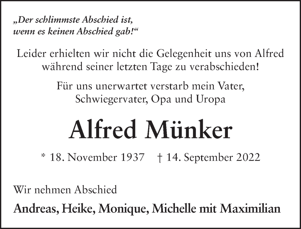  Traueranzeige für Alfred Münker vom 20.09.2022 aus FZ