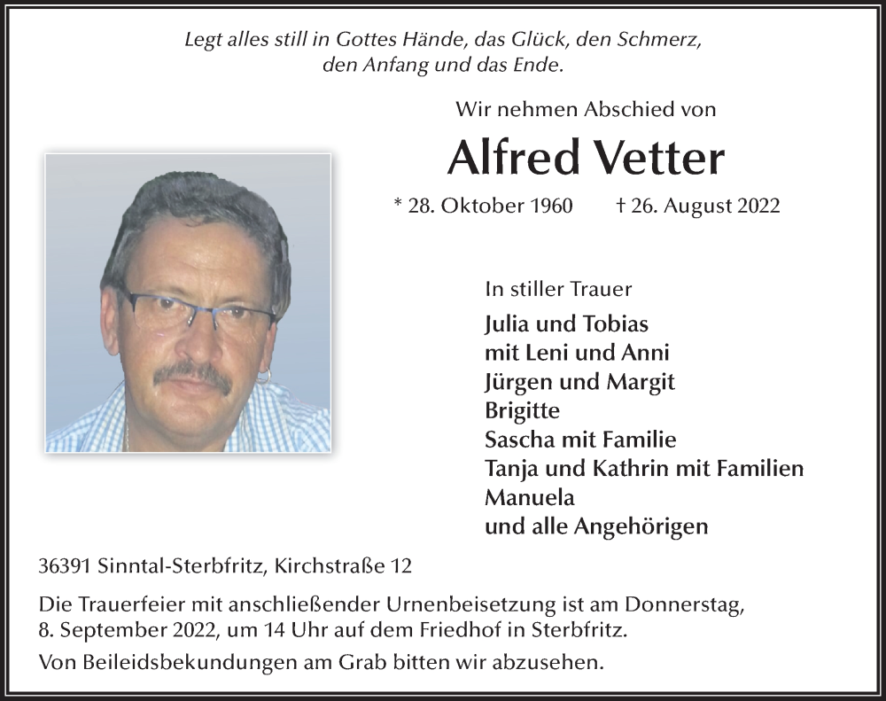  Traueranzeige für Alfred Vetter vom 03.09.2022 aus FZ