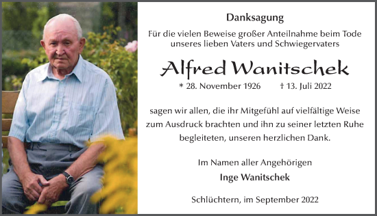 Traueranzeige von Alfred Wanitschek von FZ