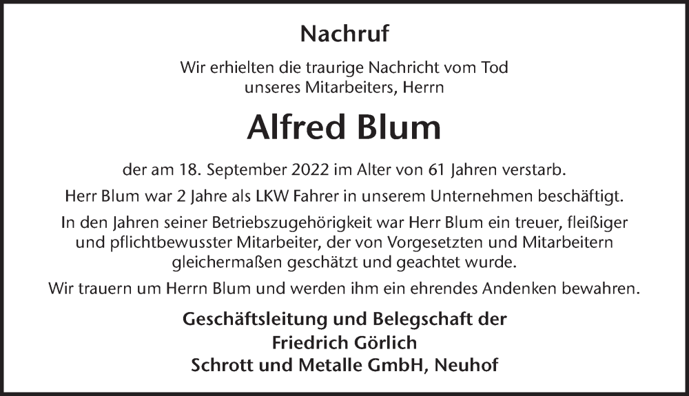  Traueranzeige für Alfred Richard Blum vom 21.09.2022 aus FZ