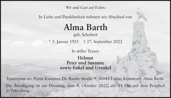 Traueranzeige von Alma Barth von FZ