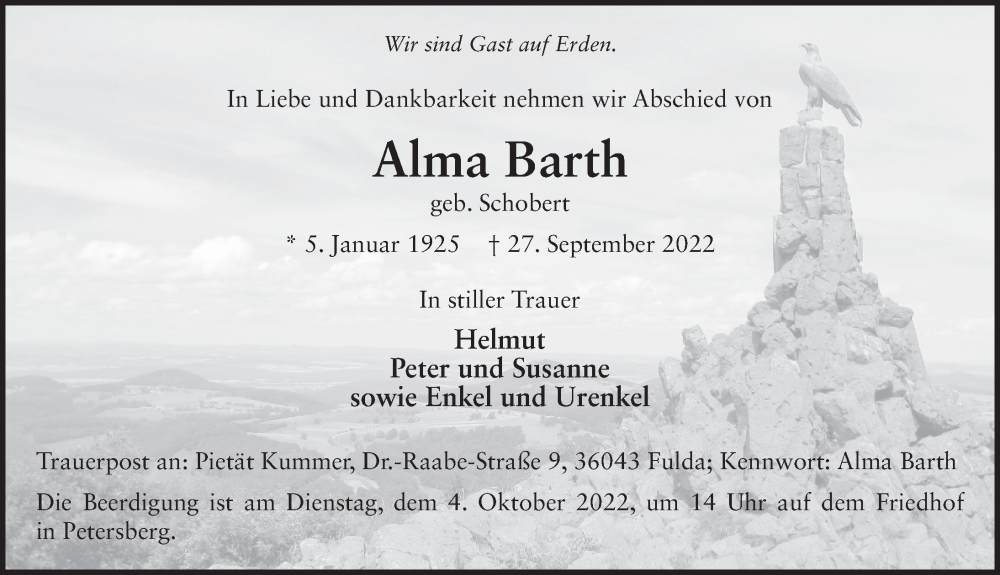 Traueranzeige für Alma Barth vom 30.09.2022 aus FZ