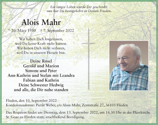 Traueranzeige von Alois Mahr von FZ