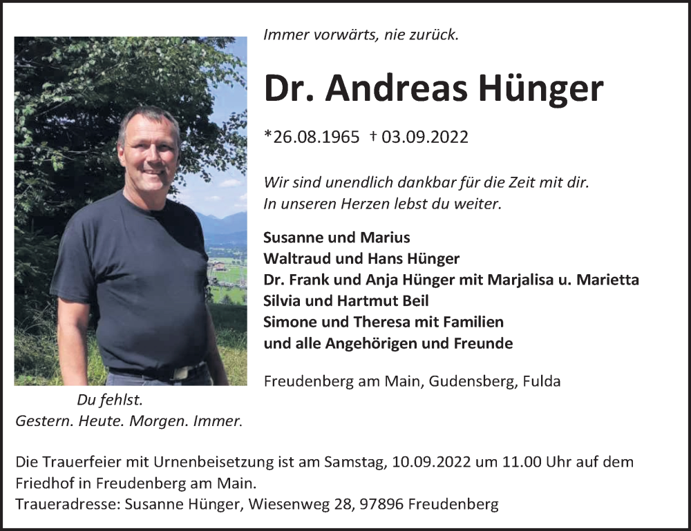  Traueranzeige für Andreas Hünger vom 07.09.2022 aus FZ