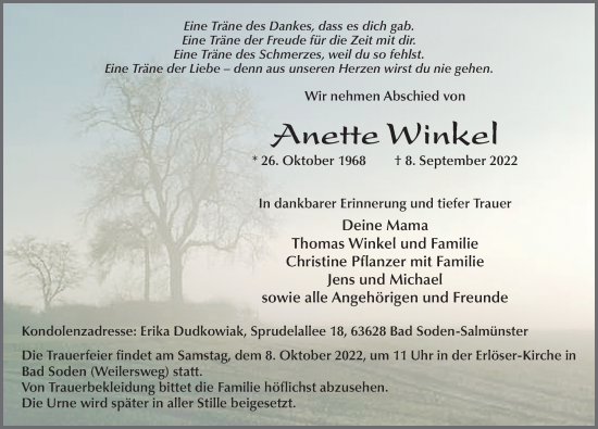 Traueranzeige von Anette Winkel von FZ