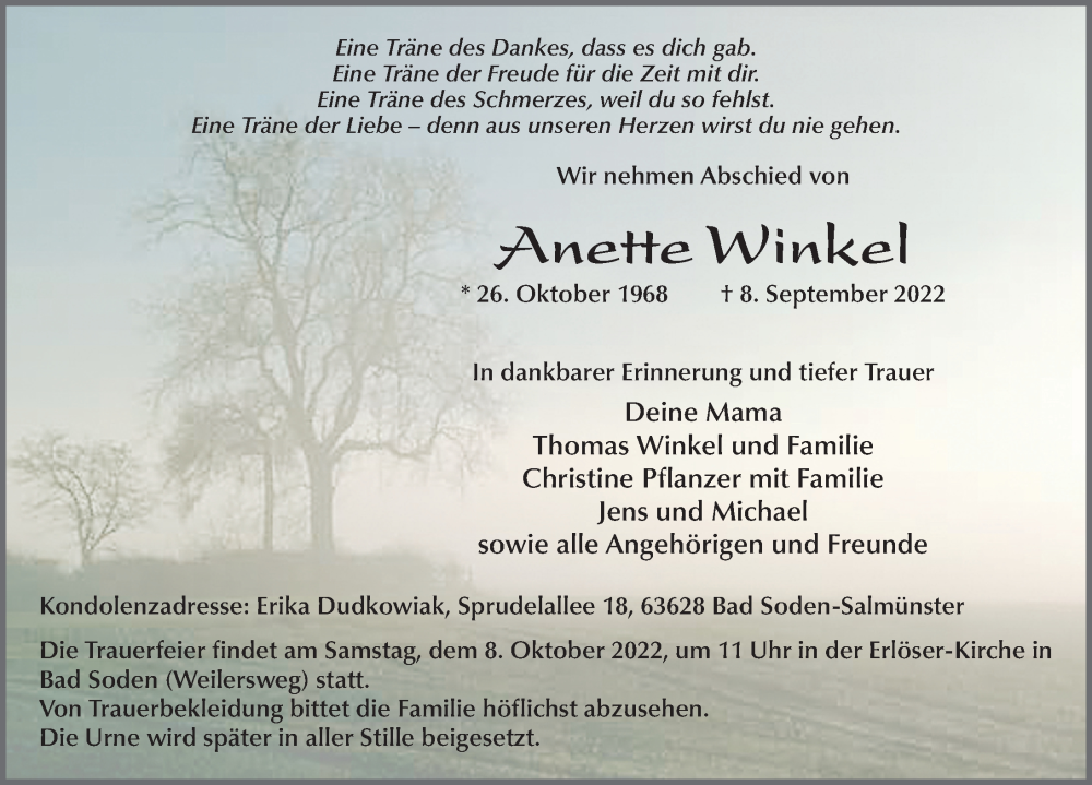  Traueranzeige für Anette Winkel vom 29.09.2022 aus FZ