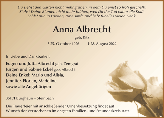 Traueranzeige von Anna Albrecht von FZ