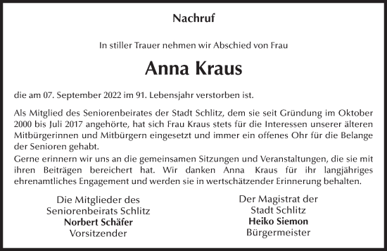 Traueranzeige von Anna Kraus von FZ