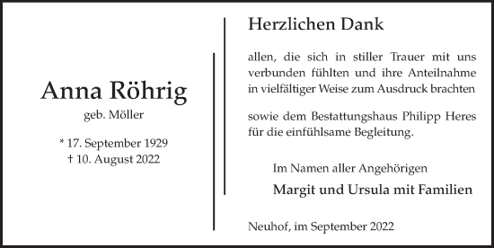 Traueranzeige von Anna Röhrig von FZ