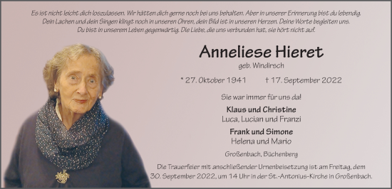 Traueranzeige von Anneliese Hieret von FZ