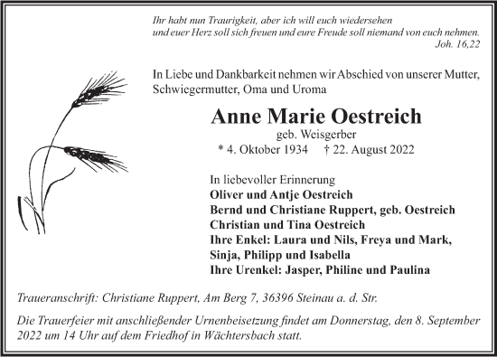 Traueranzeige von Anne Marie Oestreich von FZ