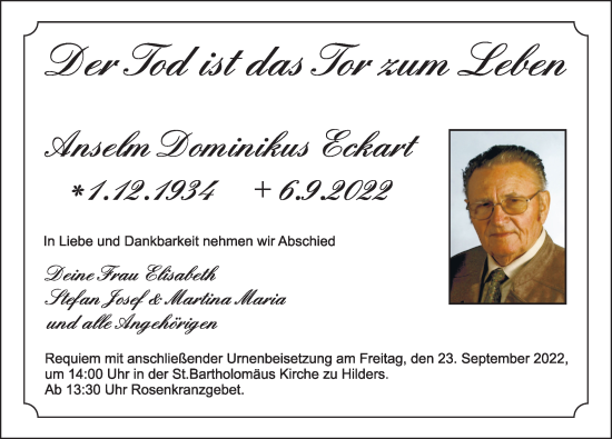 Traueranzeige von Anselm Dominikus Eckart von FZ