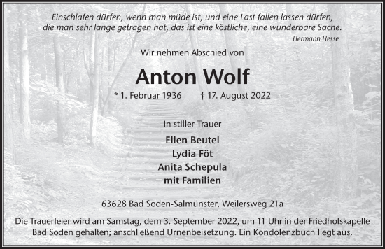 Traueranzeige von Anton Wolf von FZ