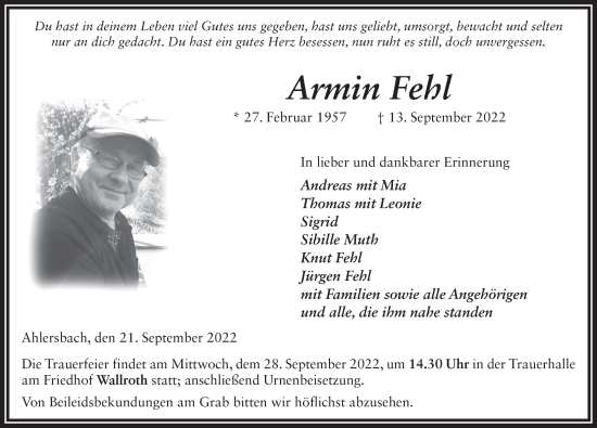 Traueranzeige von Armin Fehl von FZ