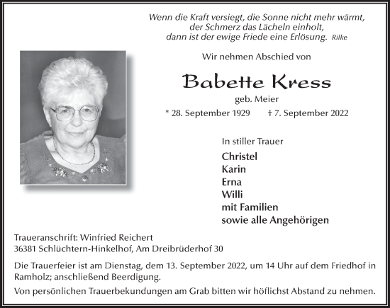 Traueranzeige von Babette Kress von FZ