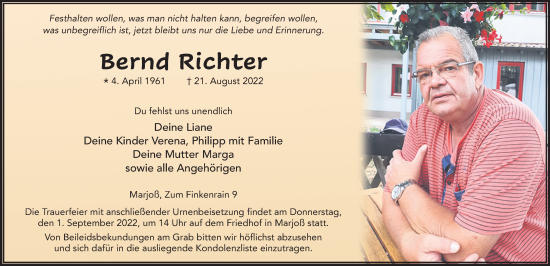 Traueranzeige von Bernd Richter von FZ