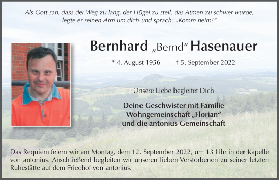 Traueranzeige von Bernhard Hasenauer von FZ