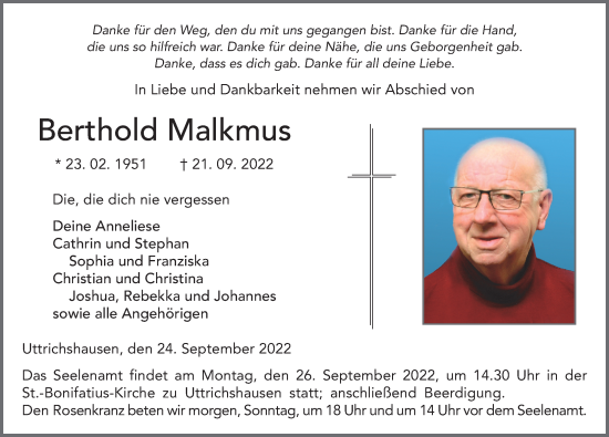 Traueranzeige von Berthold Malkmus von FZ