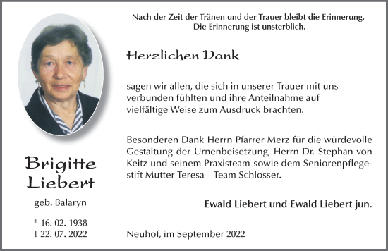 Traueranzeige von Brigitte Liebert von FZ