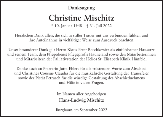 Traueranzeige von Christine Mischitz von FZ