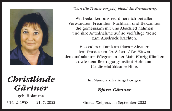 Traueranzeige von Christlinde Gärtner von FZ