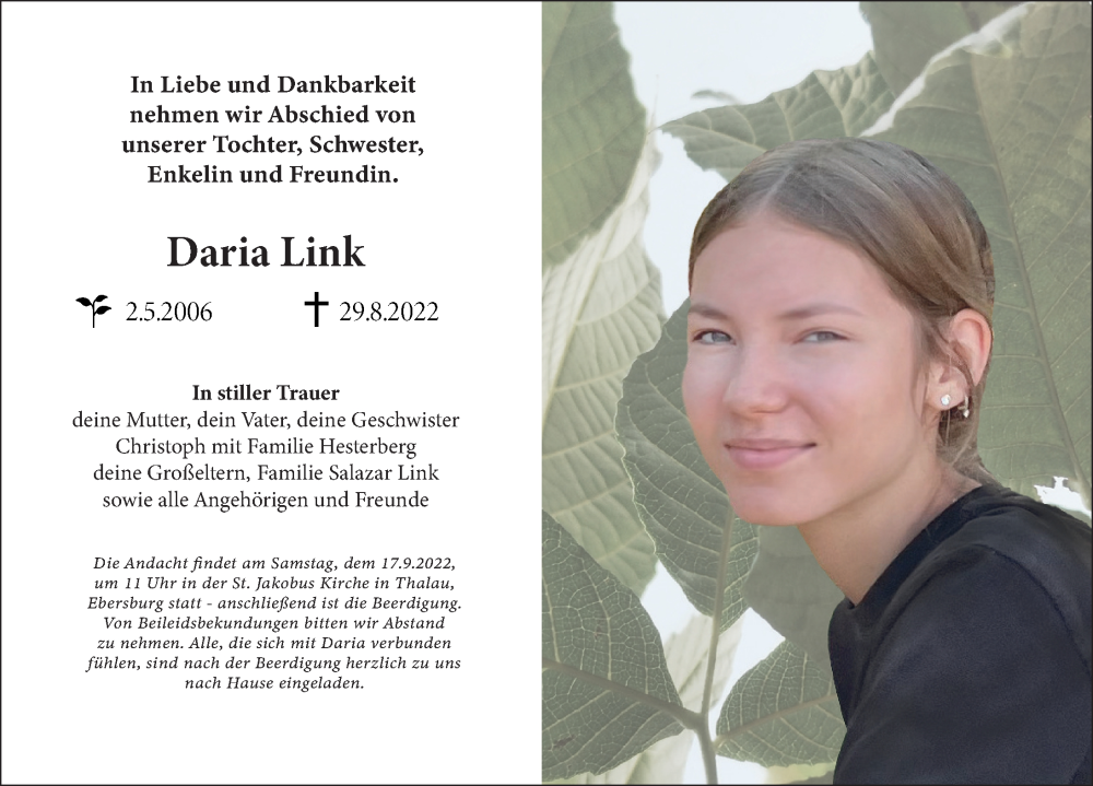  Traueranzeige für Daria Link vom 15.09.2022 aus FZ