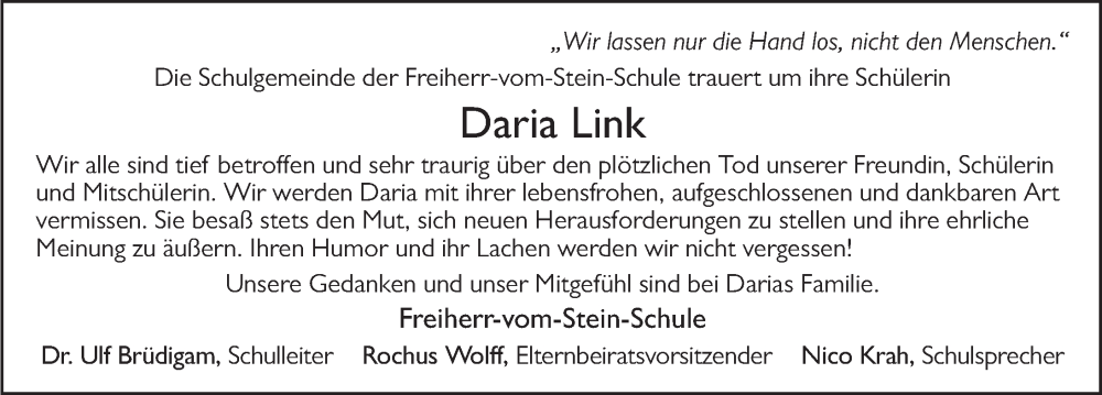  Traueranzeige für Daria Link vom 15.09.2022 aus FZ