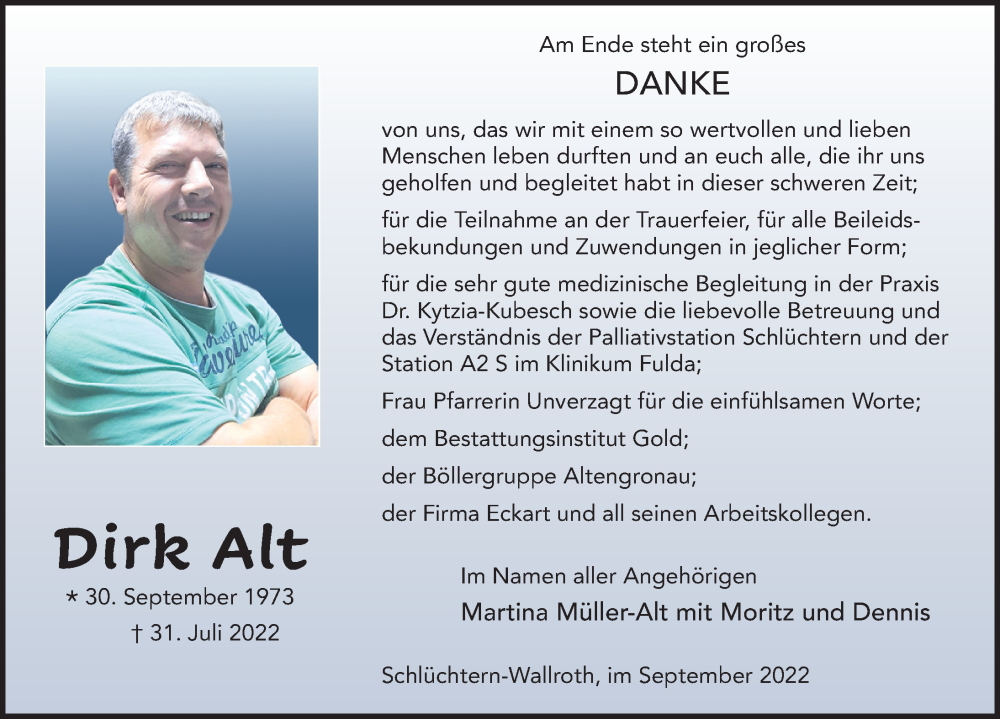  Traueranzeige für Dirk Alt vom 17.09.2022 aus FZ