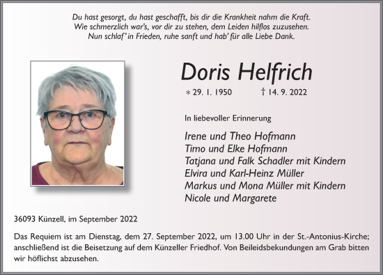Traueranzeige von Doris Helfrich von FZ